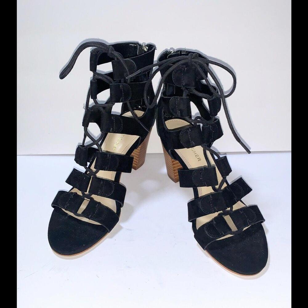 New Marc Fisher Black Gladiator Lace Up Sandals 6.5 Paradox Leather Block Heels